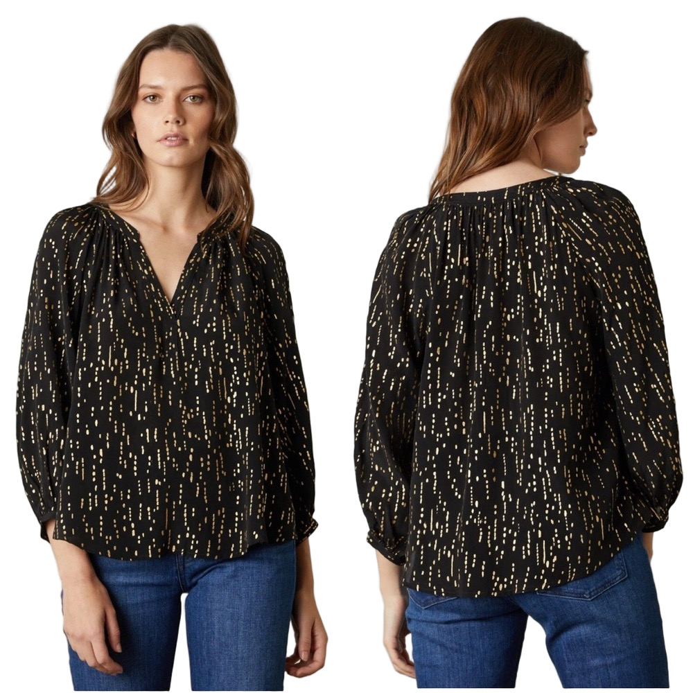 🐼Velvet by Graham & Spencer nixie metallic print top/black Gold size S NWT